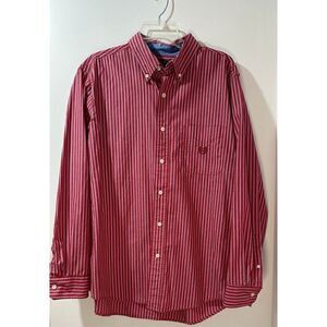 Chaps Easy Care men’s long sleeve red blue stripe dress shirt size L #27-0694